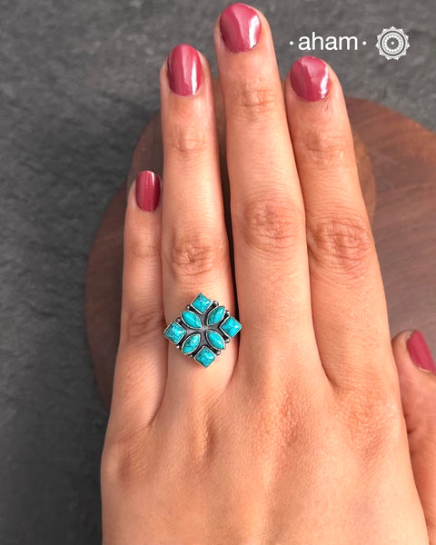 Summer Love Flower Silver Ring in 92.5 sterling silver with amalgamated turquoise stone setting. A beautiful ring to wear to work.