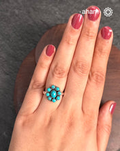 Summer Love Flower Silver Ring in 92.5 sterling silver with amalgamated turquoise stone setting. A beautiful ring to wear to work.