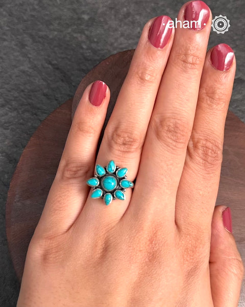Summer Love Flower Silver Ring in 92.5 sterling silver with amalgamated turquoise stone setting. A beautiful ring to wear to work.