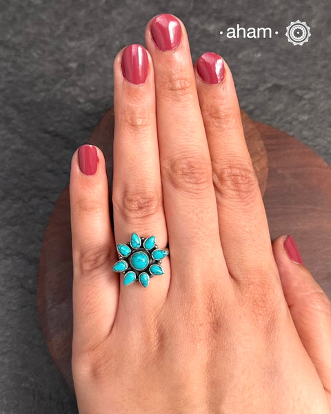 Summer Love Flower Silver Ring in 92.5 sterling silver with amalgamated turquoise stone setting. A beautiful ring to wear to work.