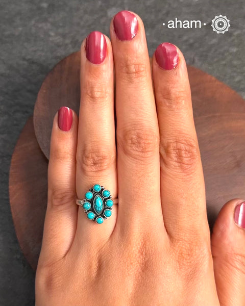 Summer Love Flower Silver Ring in 92.5 sterling silver with amalgamated turquoise stone setting. A beautiful ring to wear to work.