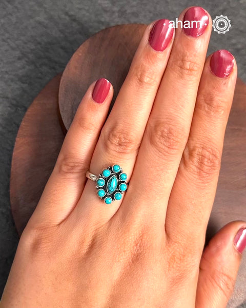 Summer Love Flower Silver Ring in 92.5 sterling silver with amalgamated turquoise stone setting. A beautiful ring to wear to work.