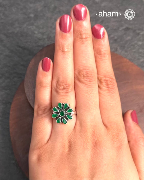 Summer Love Flower Silver Ring in 92.5 sterling silver with green stones. A versatile ring that works great with your Indian outfits.