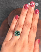 Summer Love Flower Silver Ring in 92.5 sterling silver with green stone setting.
A versatile ring that works great with your Indian outfits.