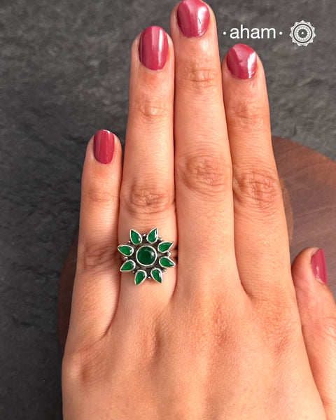 Summer Love Flower Silver Ring in 92.5 sterling silver with garoon stone setting.
A versatile ring that works great with your Indian outfits.