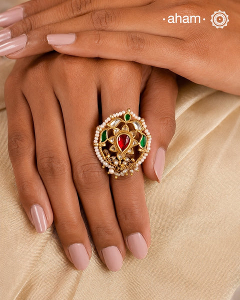 Kundan Gold Polish Silver Ring