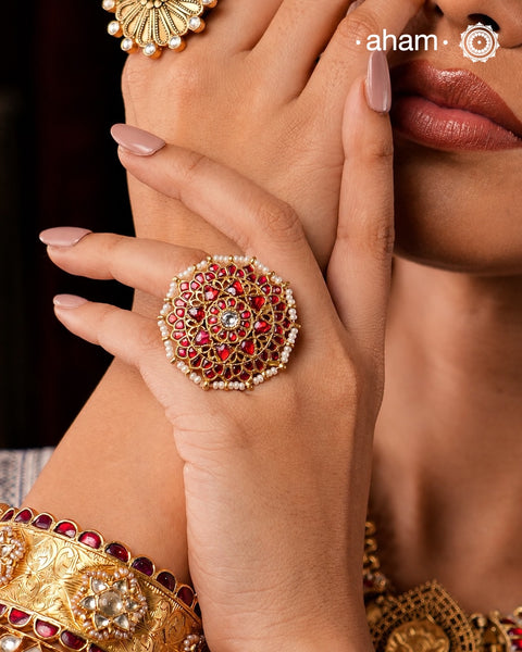 Red Flower Gold Polish Silver Ring
