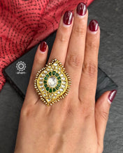 Festive gold polish adjustable ring handcrafted in silver with fine Kundan work. Perfect for special occasions and celebrations. 