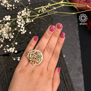 Festive gold polish adjustable ring handcrafted in 92.5 silver. The design is inspired from traditional Nath designs. Perfect for special occasions and festivities. 