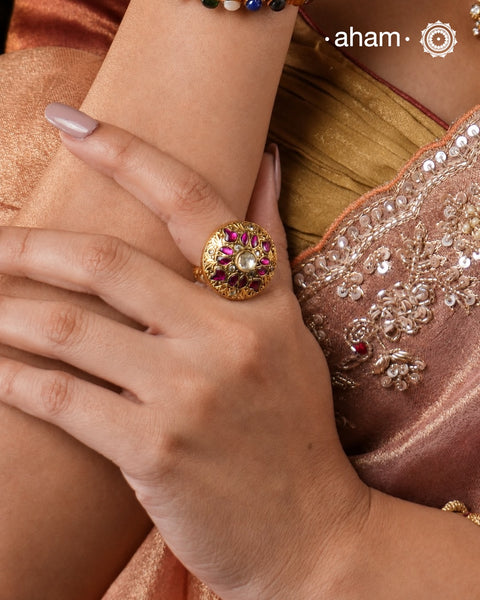 Kundan Gold Polish Silver Ring