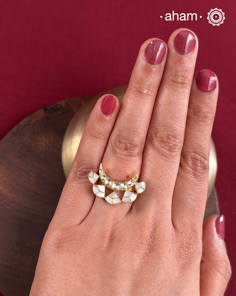 Crescent Mother of Pearl Gold Polish Silver Ring