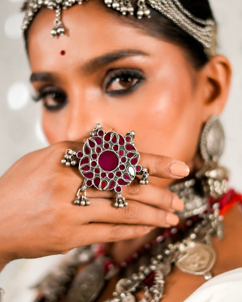 Adjustable Silver Ring with Maroon Glass setting and beautiful ghungroos.