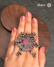 Adjustable Silver Ring with Maroon Glass setting and beautiful ghungroos.