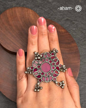 Adjustable Silver Ring with Maroon Glass setting and beautiful ghungroos.