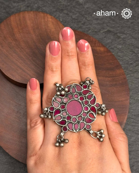 Adjustable Silver Ring with Maroon Glass setting and beautiful ghungroos.