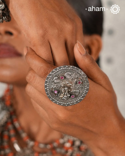 A vintage Haathphool center piece has been converted into an adjustable ring. Crafted in silver.