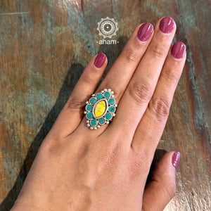 There is something so alluring about vintage tribal jewellery. They carry stories of the place and people they below to. This beautiful vintage Tribal silver ring from Rajasthan will be a great addition to your collection. Pair it up with some neutral colours to pop it out or blend it in with more colours, your choice. It may have slight irregularities because it is a one-of-a-kind vintage piece.