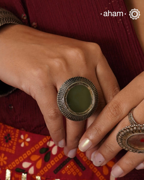 Vintage Arsi (Mirror) Ring from the Turkmen region. Comes with stunning blue enamel work on the side and at the back.