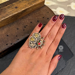 Noori two tone adjustable ring with birds motif. Handcrafted in 92.5 sterling silver with hints of gold polish, pearls and kundan work.  Perfect to match your Indian or fusion outfit. 