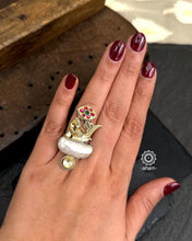 Noori two tone ring handcrafted in 92.5 sterling silver with beautiful peacock and mother of pearl highlight. 