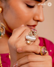 Noori two tone ring handcrafted in 92.5 sterling silver with beautiful peacock and mother of pearl highlight.