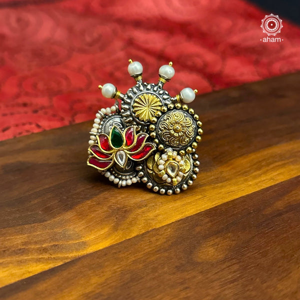 Noori two tone ring handcrafted in 92.5 sterling silver with a beautiful kundan lotus motif.  Handcrafted in 92.5 sterling silver with hints of gold polish and pearls.  Perfect to match your Indian or fusion outfit.