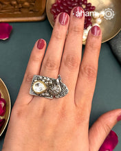 Noori two tone adjustable ring with peacock motif. Handcrafted & in 92.5 sterling silver with a kundan highlight. Perfect to match your Indian or fusion outfit.