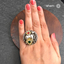 Noori two tone adjustable ring with Cow motif. Handcrafted in 92.5 sterling silver with hints of gold polish, pearls and kundan work.  Perfect to match your Indian or fusion outfit. 