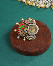 Noori two tone adjustable ring handcrafted in 92.5 sterling silver with hints of gold polish, pearls and kundan work.  Perfect to match your Indian or fusion outfit. 