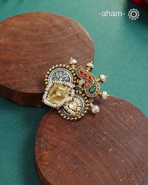 Noori two tone adjustable ring handcrafted in 92.5 sterling silver with hints of gold polish, pearls and kundan work.Perfect to match your Indian or fusion outfit.