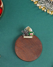 Noori two tone adjustable ring handcrafted in 92.5 sterling silver with hints of gold polish, and kundan work.  Perfect to match your Indian or fusion outfit. 