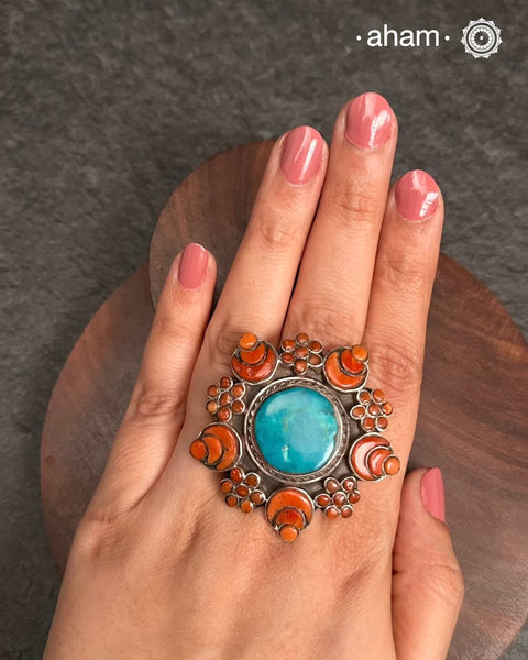 Himalayan Coral & Turquoise Silver Ring