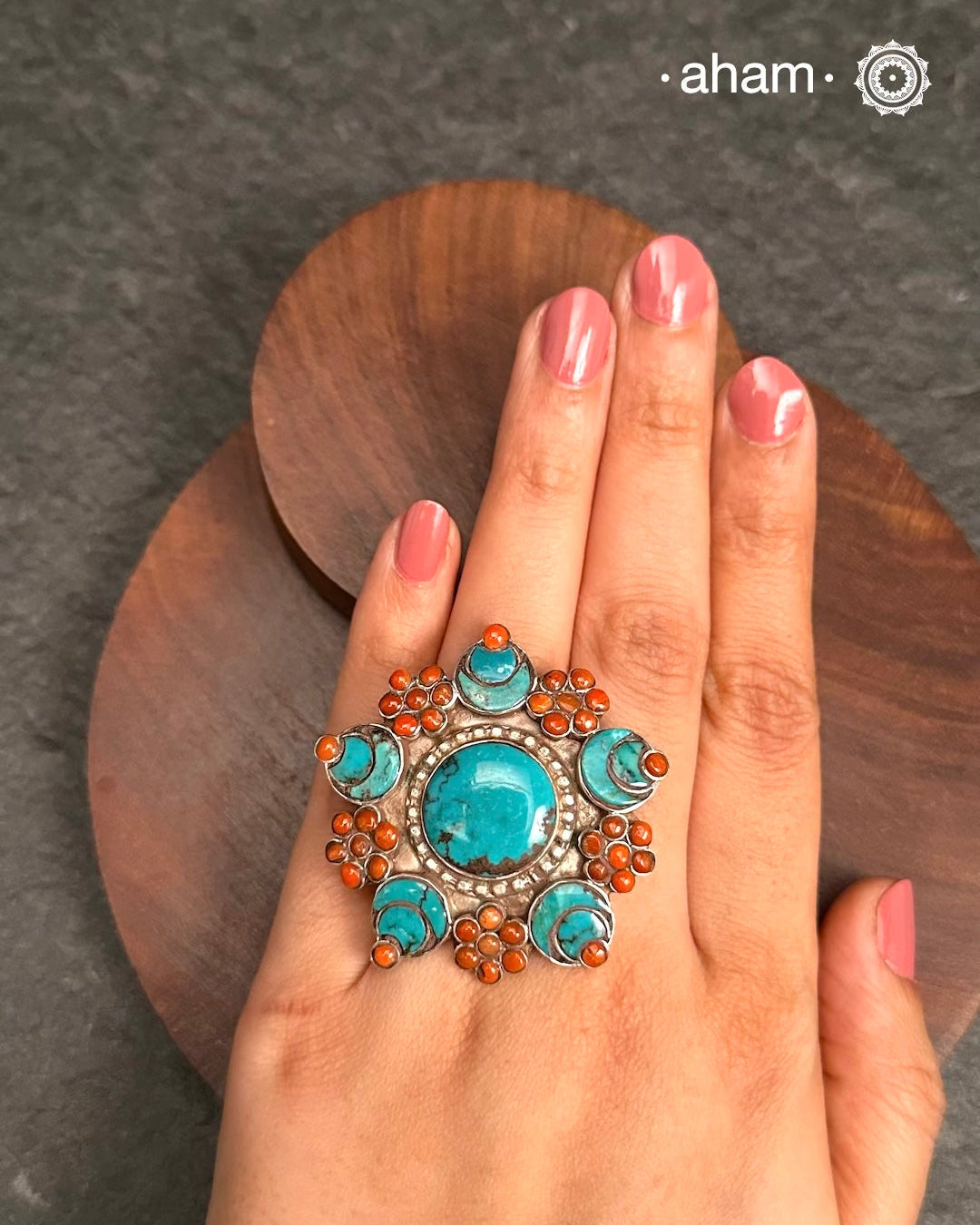 Himalayan Turquoise & Coral Silver Ring