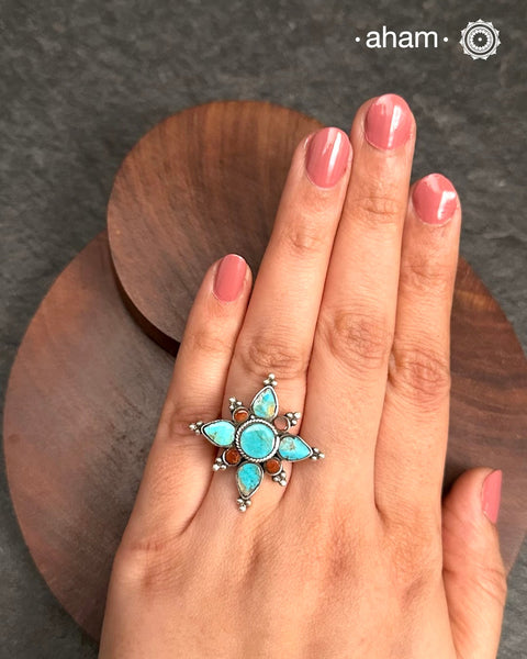 Himalayan Coral & Turquoise Silver Ring