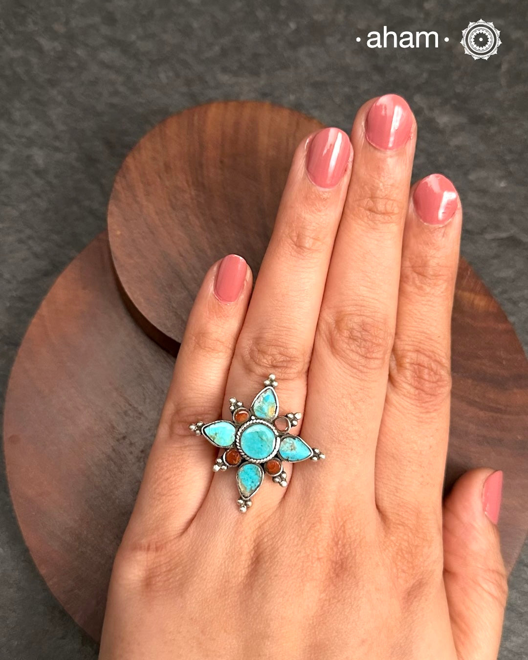 Himalayan Coral & Turquoise Silver Ring