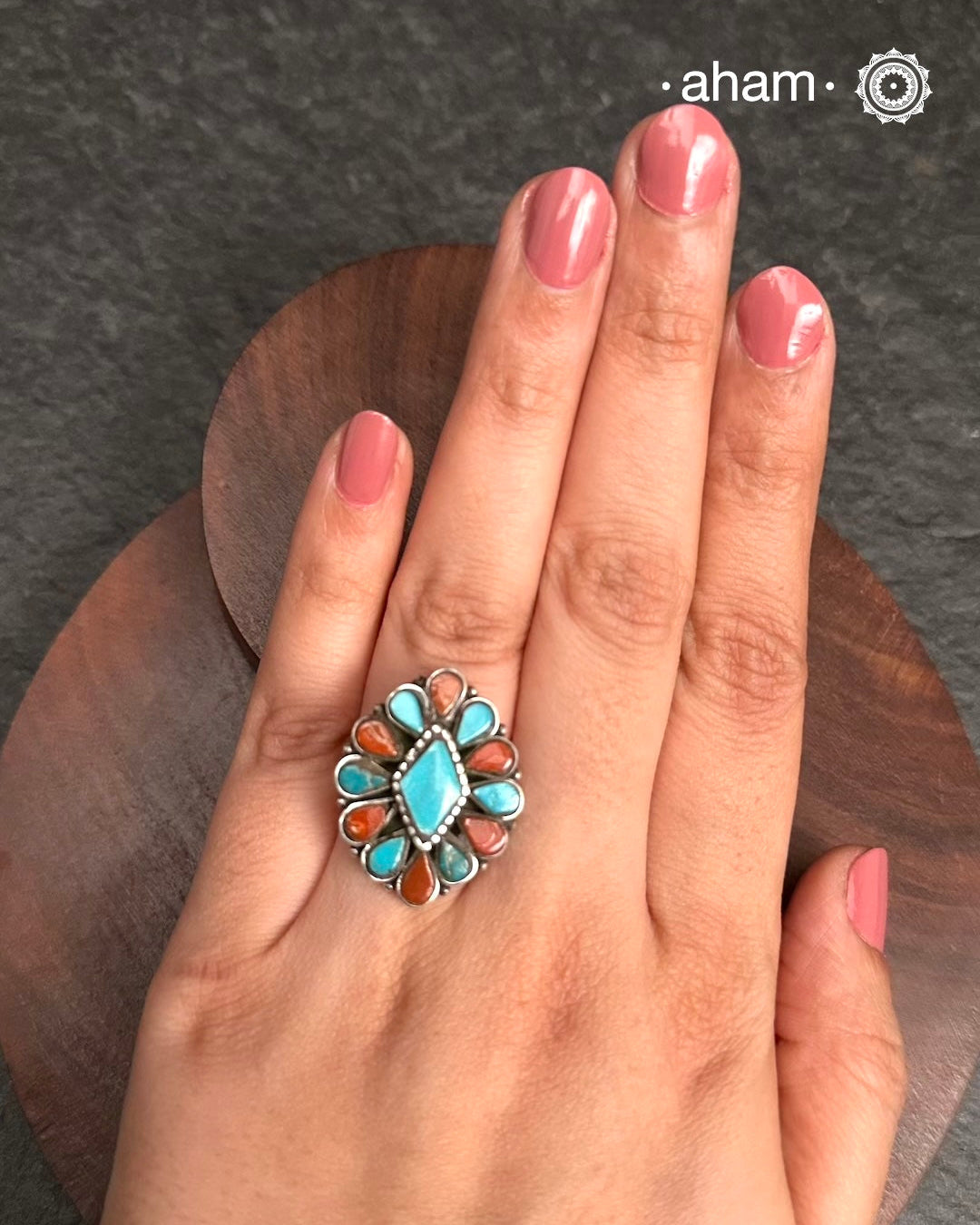 Himalayan Coral and Turquoise Silver Ring