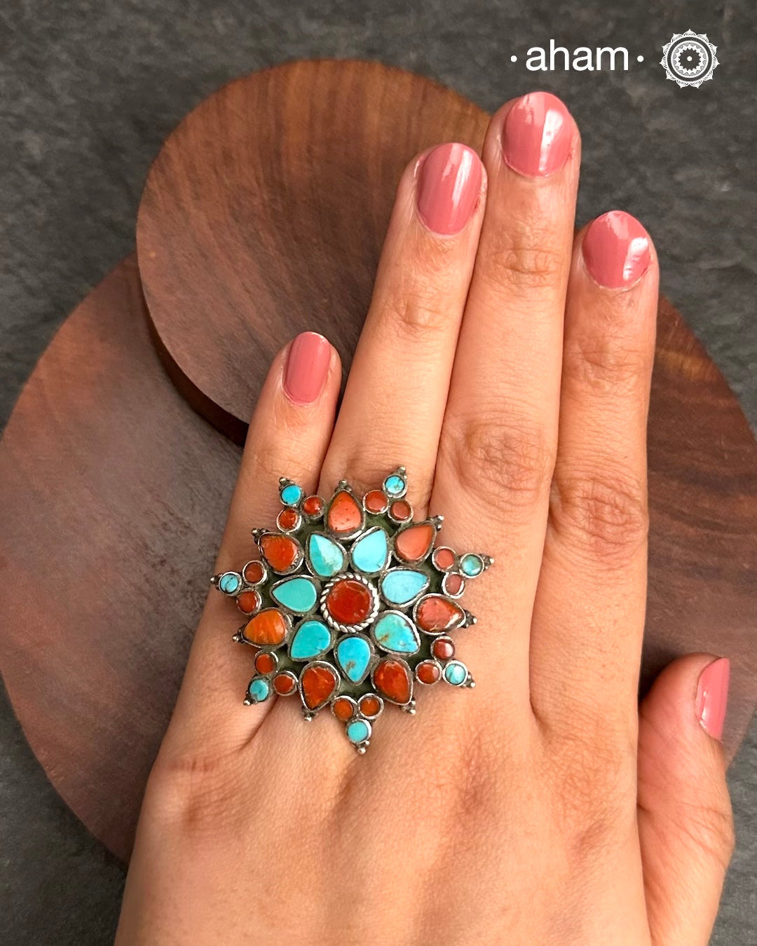 Himalayan Coral & Turquoise Silver Ring