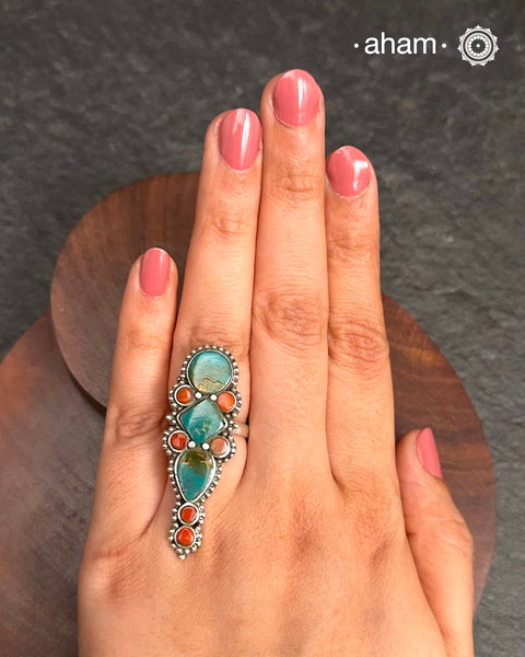 Himalayan Turquoise & Coral Silver Ring
