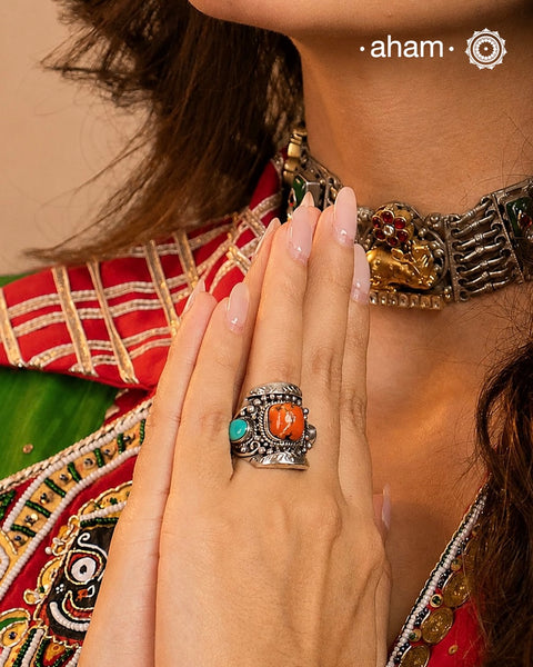 Himalayan Coral Turquoise Ring crafted in 92.5 silver