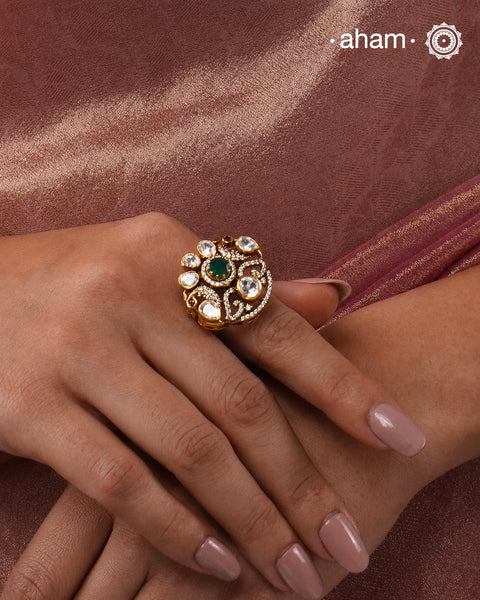 Moissanite Peacock Gold Polish Silver Ring