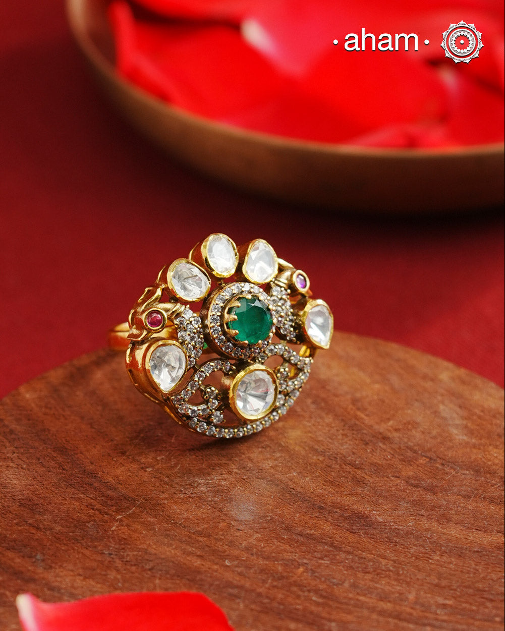 Moissanite Peacock Gold Polish Silver Ring