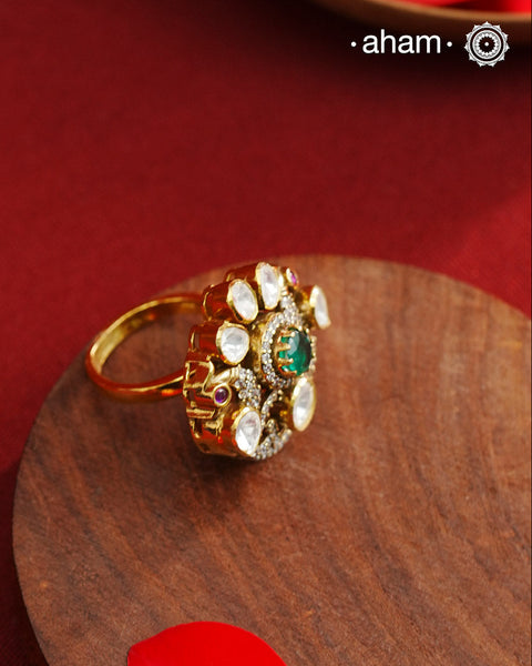 Moissanite Peacock Gold Polish Silver Ring
