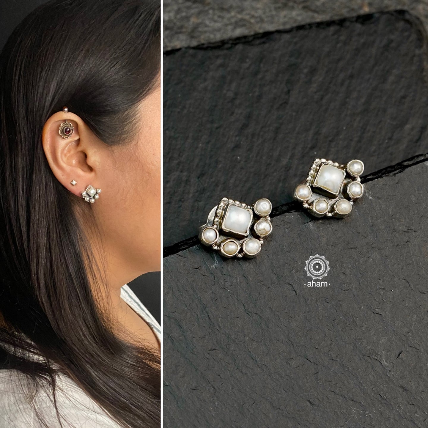 Everyday wear handcrafted 92.5 silver earrings with pearls.