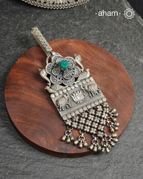 Handcrafted key chain in 92.5 sterling silver with elegant elephant, flower and bird motifs along with Jaisalmeri chatai work. Also known as Challah, Juda, Chatka and Guchha.