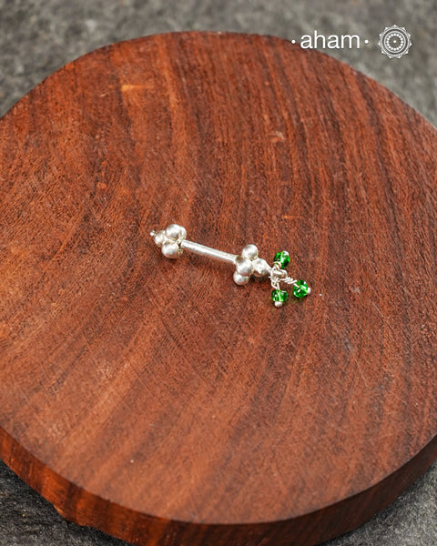 Single Plain Silver Bugadi With Green pearl(Single Piece)