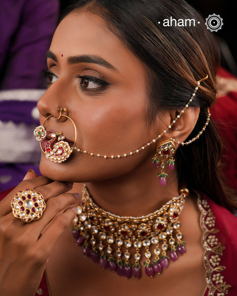 Kundan Swan Gold Polish Silver Clip on Nath