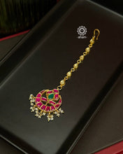 Pink Crescent Gold Polish Silver Maang Tikka. Perfect head accessory for weddings and intimate celebrations 