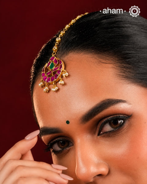 Pink Crescent Gold Polish Silver Maang Tikka