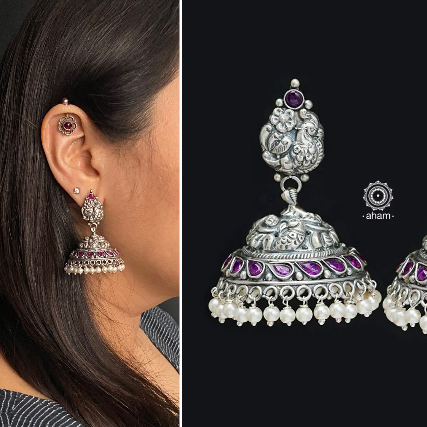 Elegant Nakshi peacock jhumkie earrings with intricate work. Handcrafted by skillful artisans in 92.5 sterling silver, with maroon kemp stone and cultured pearls.