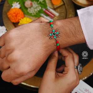 Red and Green Flower Silver Rakhi